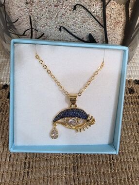 Gold Plated, Blue Crystal Eye Pendant Necklace